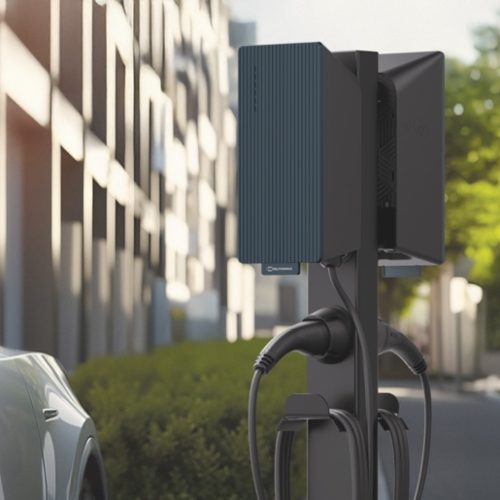 Oszlopos elektromos autótöltő Teltonika EVC2 oszlopos elektromos autótöltő kék burkolattal