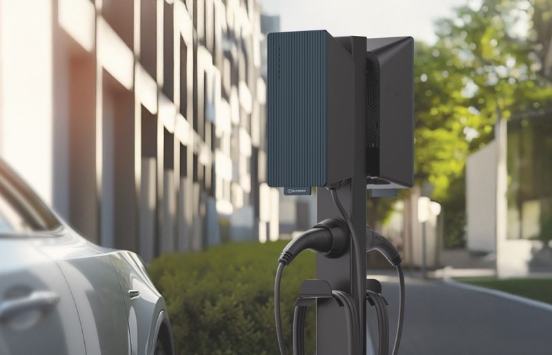 Oszlopos elektromos autótöltő Teltonika EVC2 oszlopos elektromos autótöltő kék burkolattal