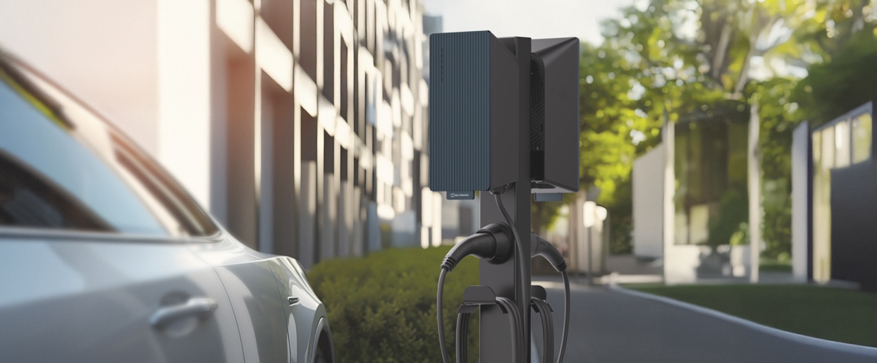 Teltonika EVC2 oszlopos elektromos autótöltő kék burkolattal